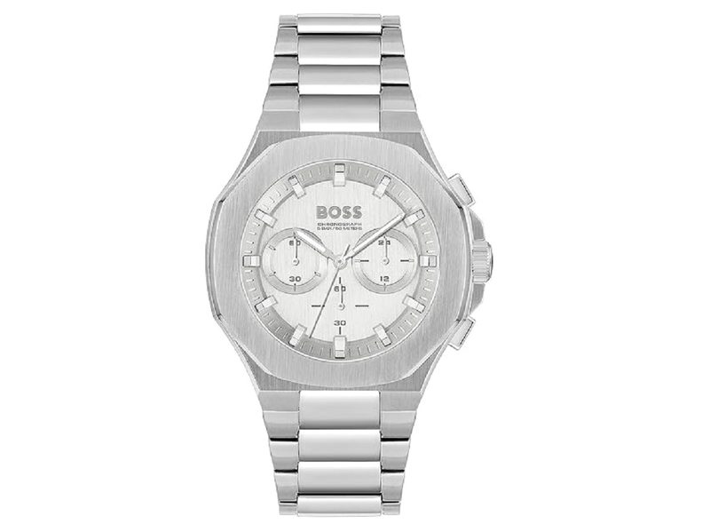The BOSS Allure Men's Quartz Chronograph Stainless Steel Watch on a white background.