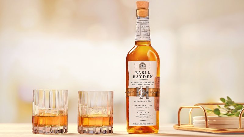Basil Hayden Kentucky Bourbon Straight Whiskey in bottle with glasses -resized hero
