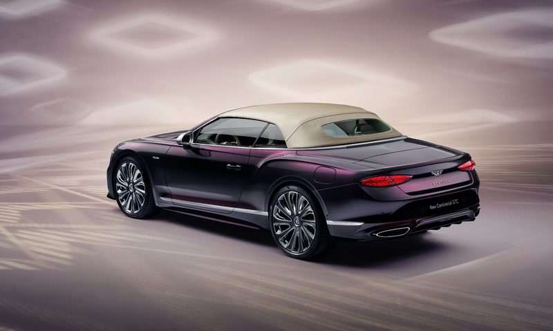 Bentley Continental GTC Mulliner convertible, purple with a tan top, left rear three-quarter view.
