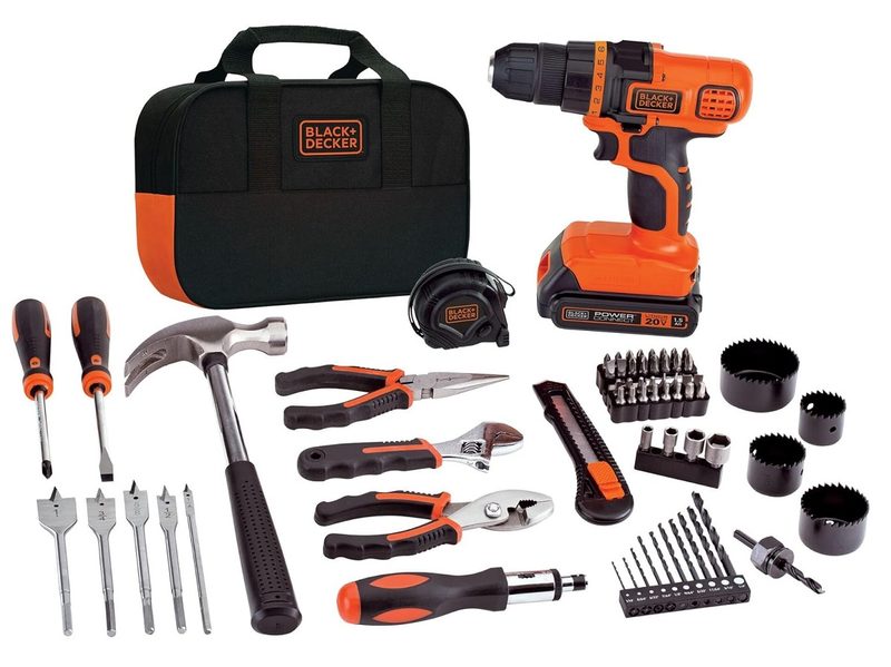The contents of the Black and Decker 20V Max Drill and Home Tool Kit.