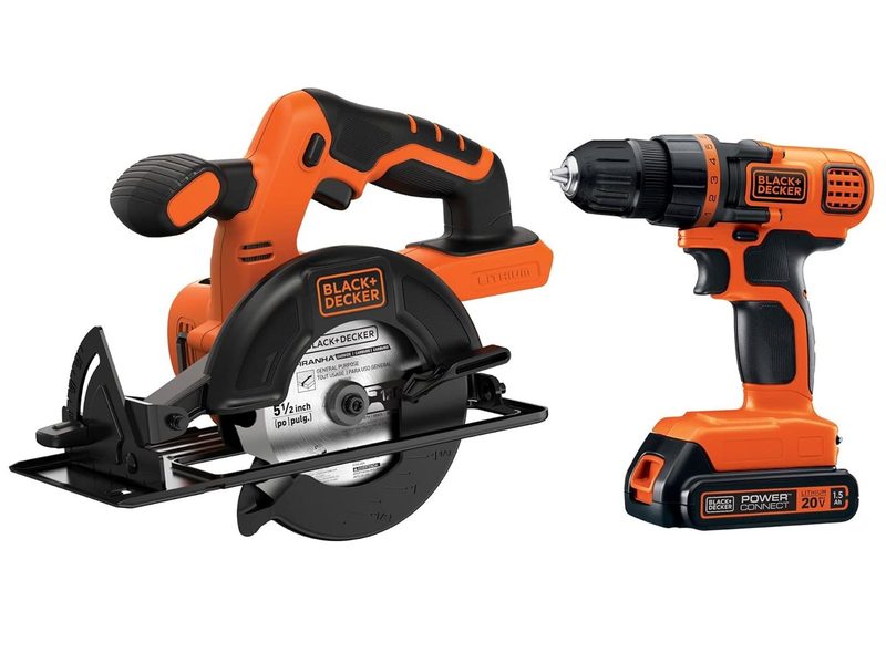 A picture of the essential components of the BLACK+DECKER 20V MAX* POWERCONNECT Cordless Drill/Driver + Circular Saw Combo Kit (BD2KITCDDCS).