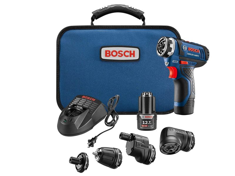 A depiction of the Bosch GSR12V-140FCB22 12V Cordless Flexiclick Screwdriver Kit 5-In-1 Multi-Head Power Drill Set with (2) 2.0Ah Batteries.