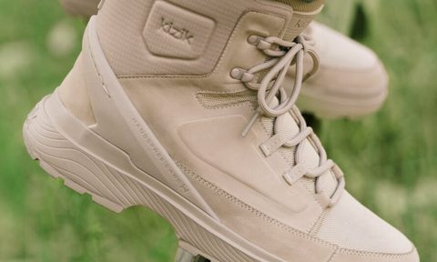 closeup on tan hiking boot
