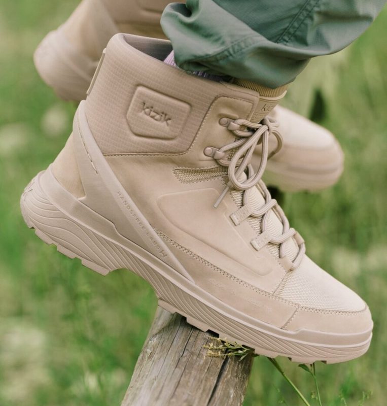 closeup on tan hiking boot