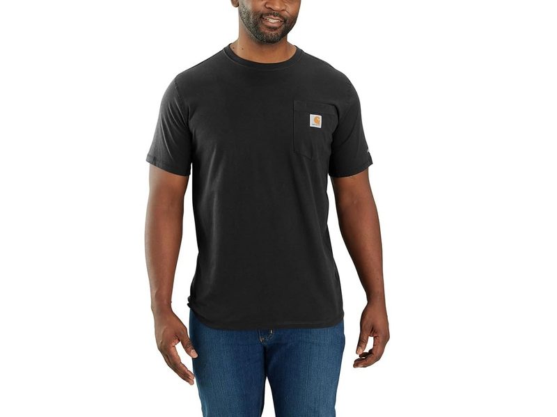 A model wearing the Carhartt Men's Force Relaxed Fit Midweight Short-Sleeve Pocket T-Shirt.