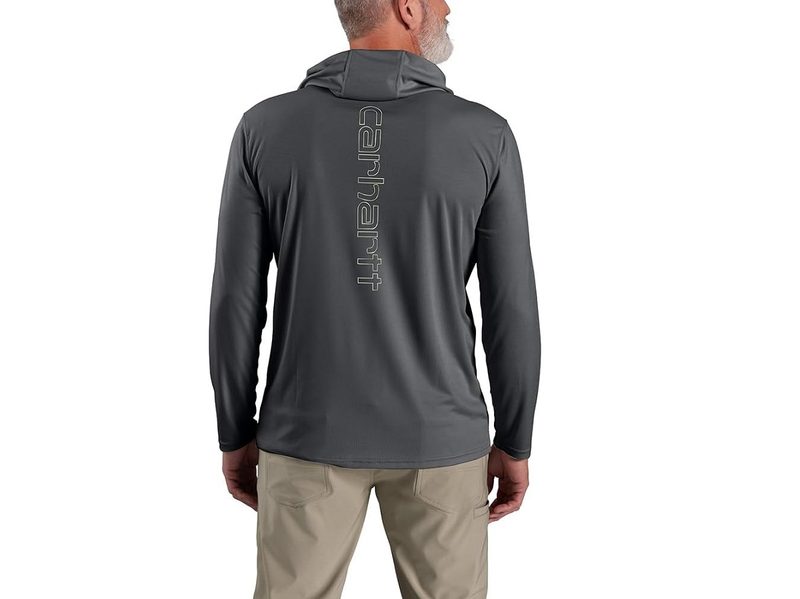 A model wearing the Carhartt Men's Force Sun Defender Lightweight Long-Sleeve Hooded Logo Graphic T-Shirt.