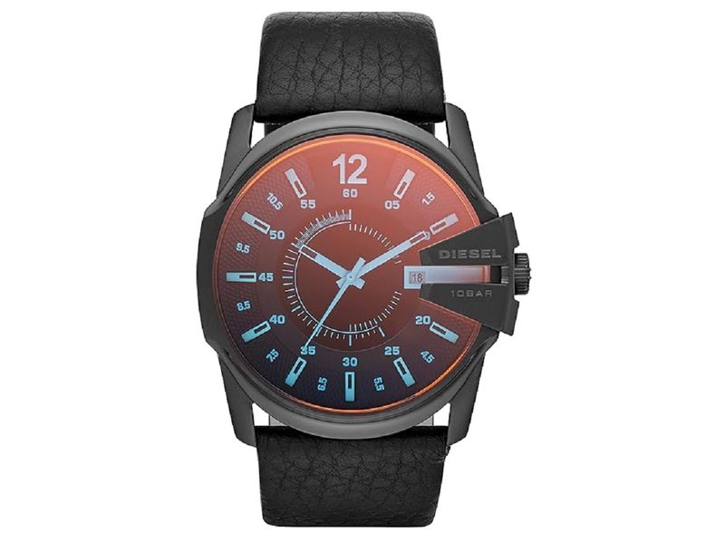 The Diesel Master Chief Stainless Steel and Leather Analog Men's Watch on a white background.