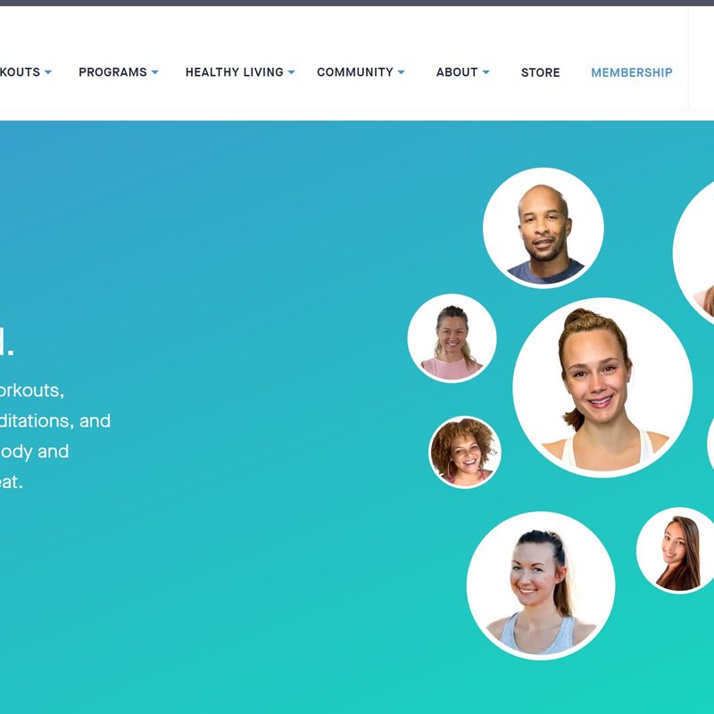 A screenshot of the Fitness Blender home page featuring various trainers