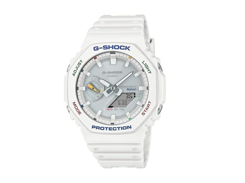 This white G-Shock GA-B2100 has touches of color that are understated and playful.