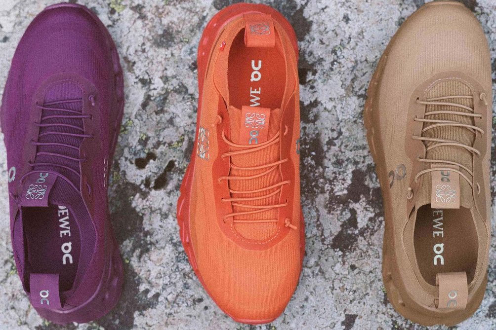 three loewe x on running shoes in a line