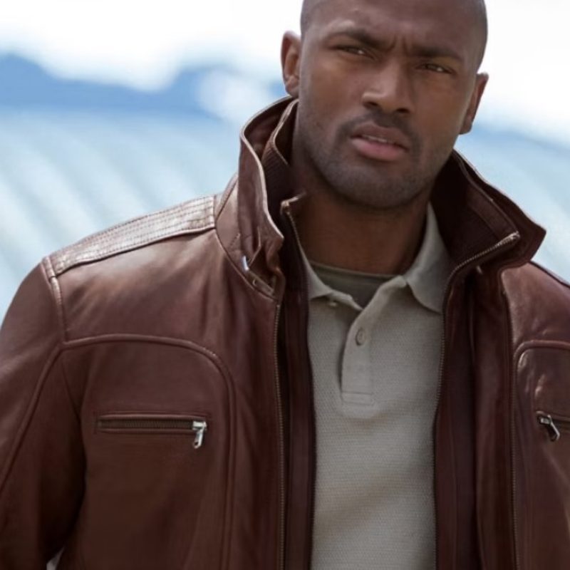 Man in a Overland Sheepskin brown leather jacket