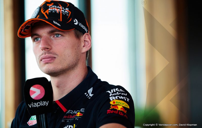 Max Verstappen in front of a Viaplay microphone.
