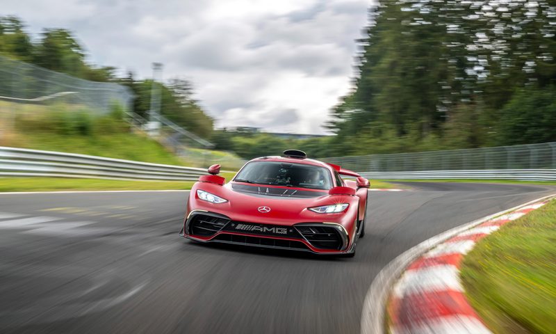 Mercedes-AMG ONE on the Nürburgring-Nordschleife direct frontal view.
