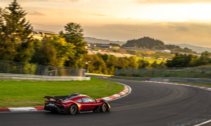 Mercedes-AMG ONE on the Nürburgring-Nordschleife right rear side view.