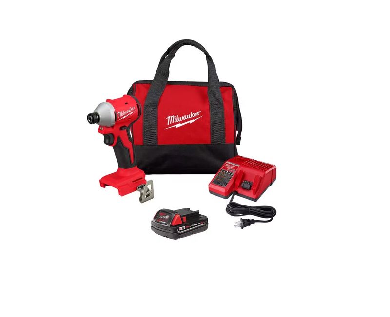 Depiction of M18 18-Volt Lithium-Ion Compact Brushless Cordless 1/4 in. Impact Driver Kit with One 2.0 Ah Battery, Charger & Tool Bag.