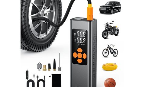 A Newpow tire inflator working on a tire.