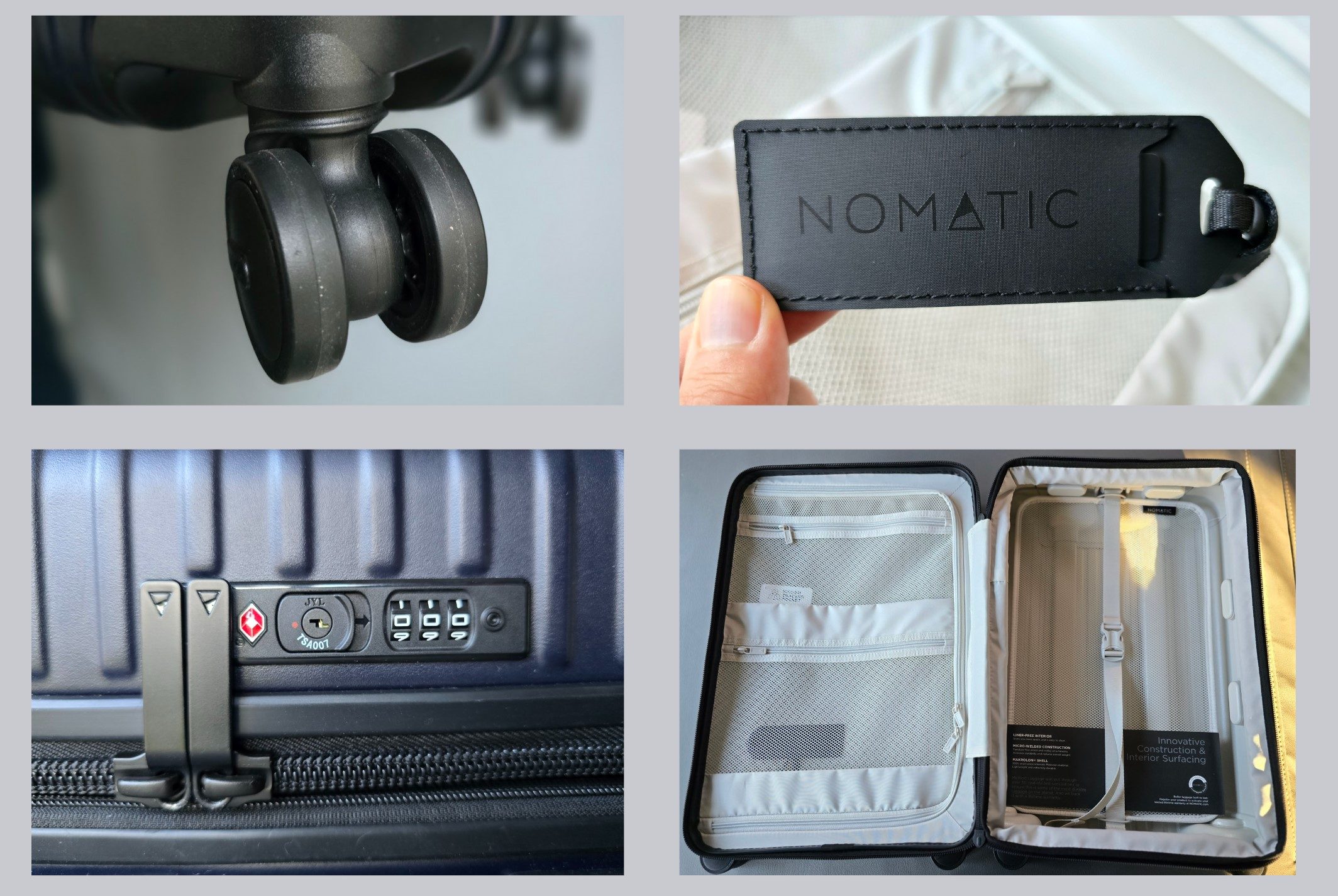 Four photos with Nomatic wheel, tag, lock, and packing area