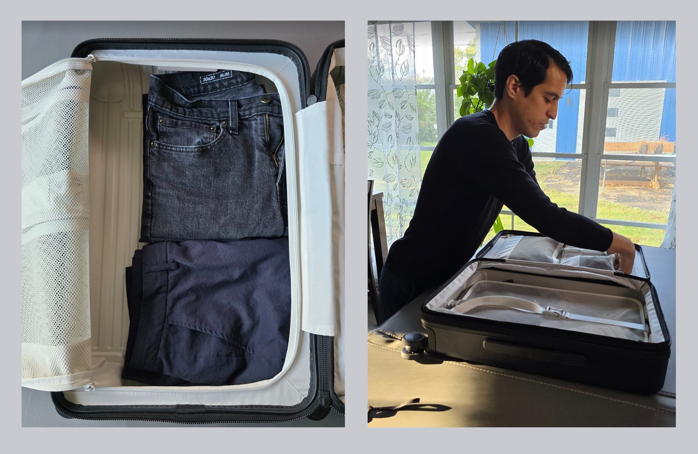A picture of a man packing and testing the Nomatic carry-on bag