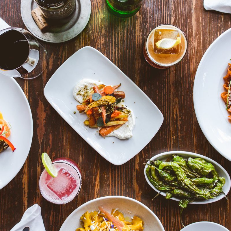 Top view of many fresh dishes from Parkside