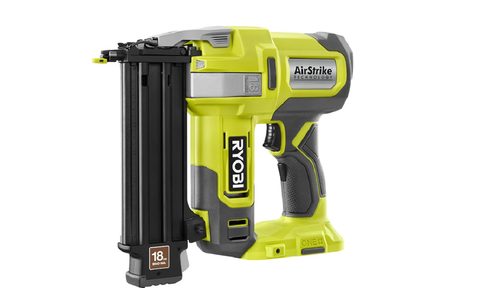 The Ryobi 18V One+ 18-Gauge Cordless AirStrike Brad Nailer on a white background.