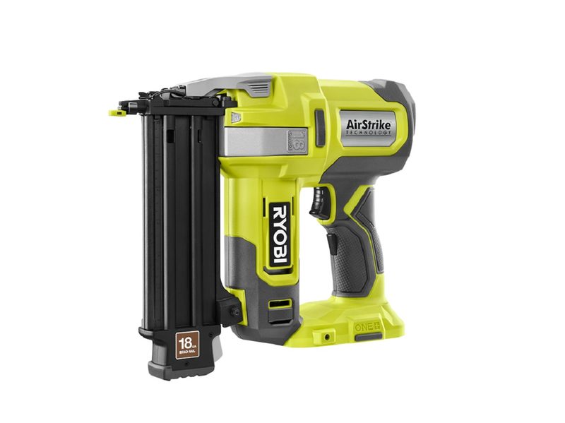 The Ryobi 18V One+ 18-Gauge Cordless AirStrike Brad Nailer on a white background.