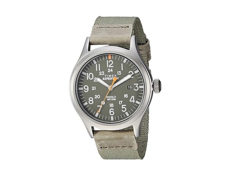 The Timex Expedition Scout picture here has a gray case, green dial, and green fabric strap.