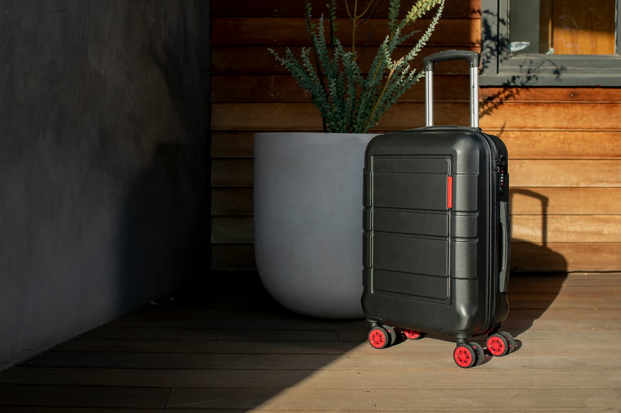 black suitcase next to potted plant
