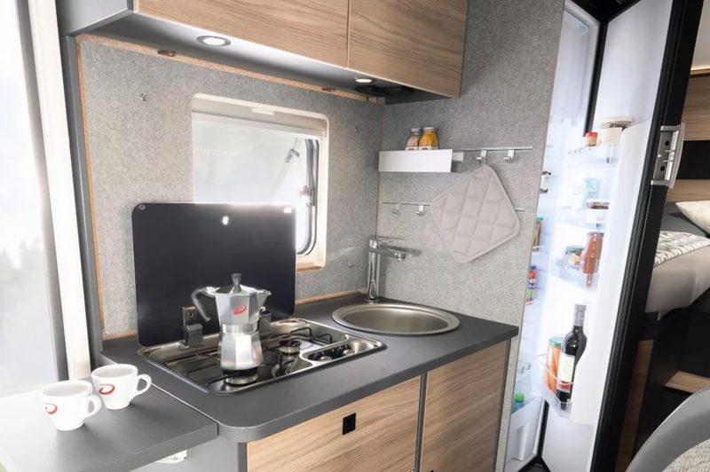 Galley kitchen inside Dethleff's Globebus 4x4 Performance Camper Bus.