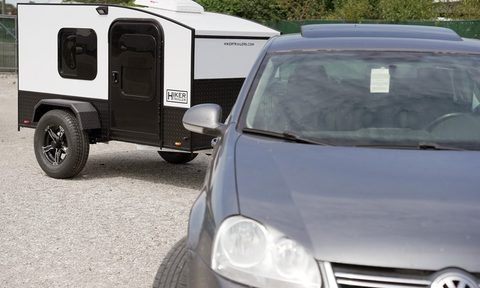 Closeup of Hiker Trailers' Highway Lite compact teardrop travel trailer.