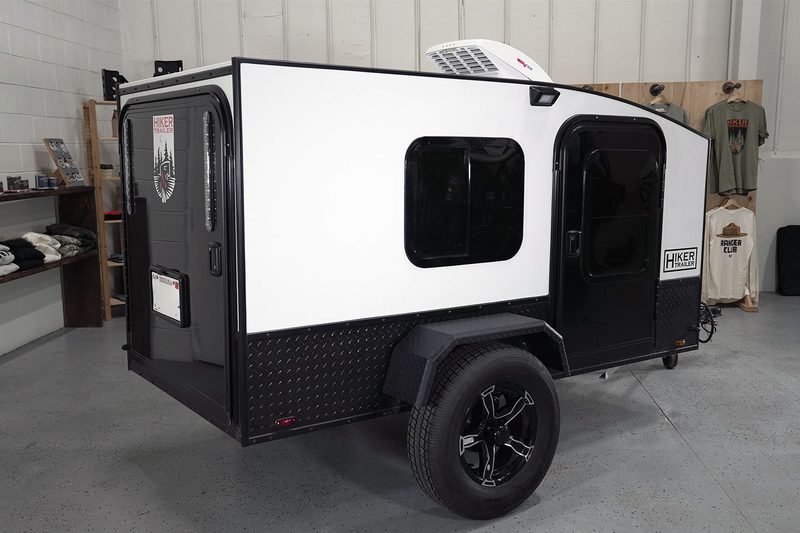 Rear corner of Hiker Trailers' Highway Lite teardrop travel trailer.
