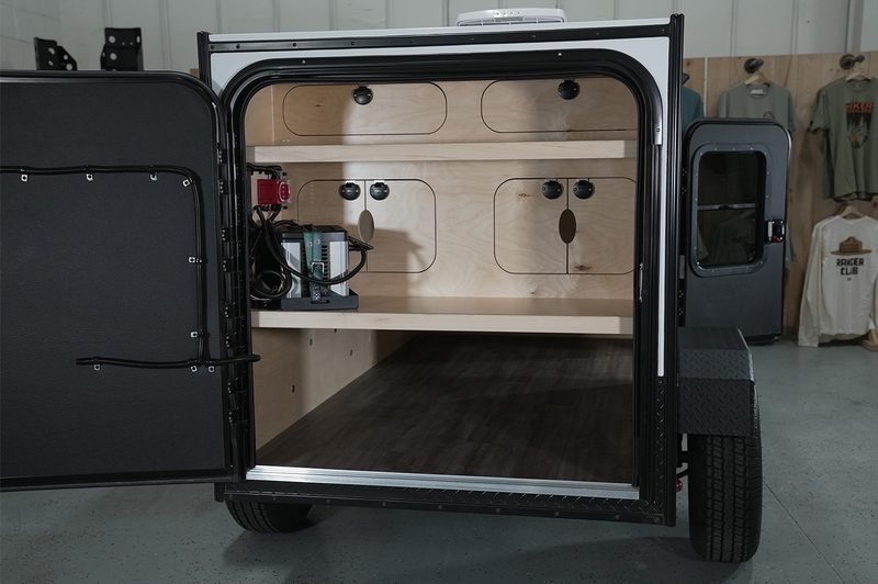 The rear galley storage of Hiker Trailers' Highway Lite teardrop travel trailer.