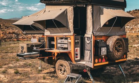 Invader Duo X Off-Road Camper expanded and setup at camp.