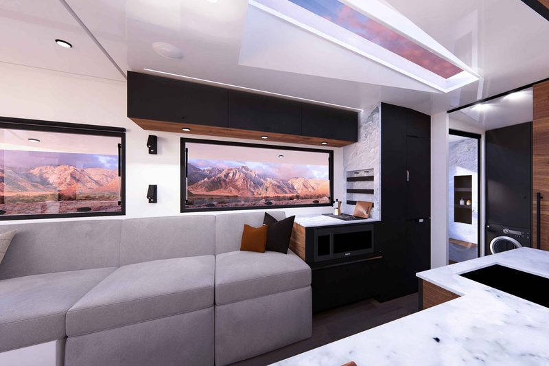 Interior of Living Vehicle's 2025 CyberTrailer luxury travel trailer.