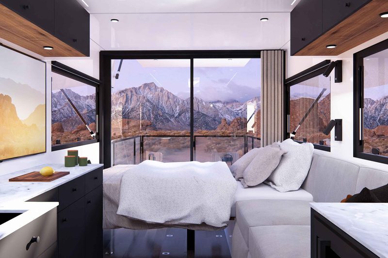 Convertible living/sleeping quarters of the 2025 CyberTrailer.