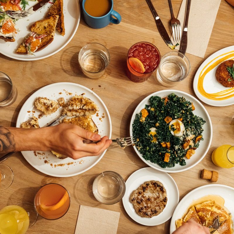 an overhead view of paperboy's breakfast dishes