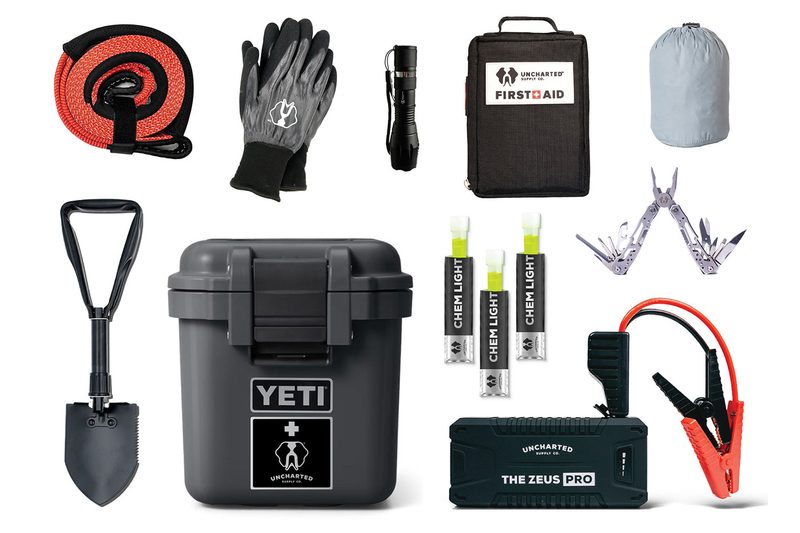 All of the included tools in the Uncharted Supply Co. X Yeti The Overlander vehicle preparedness kit.