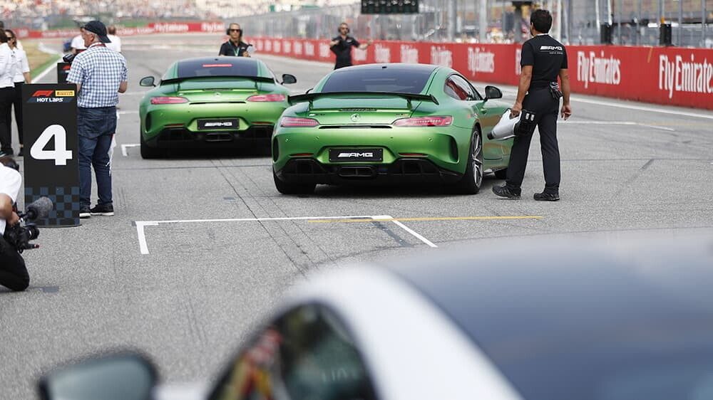 Two AMG GTs setting off for hot laps