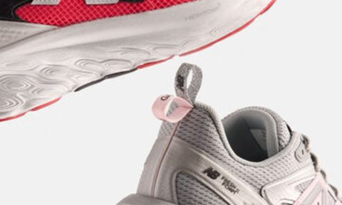 red and black and silver and pink sneakers in air