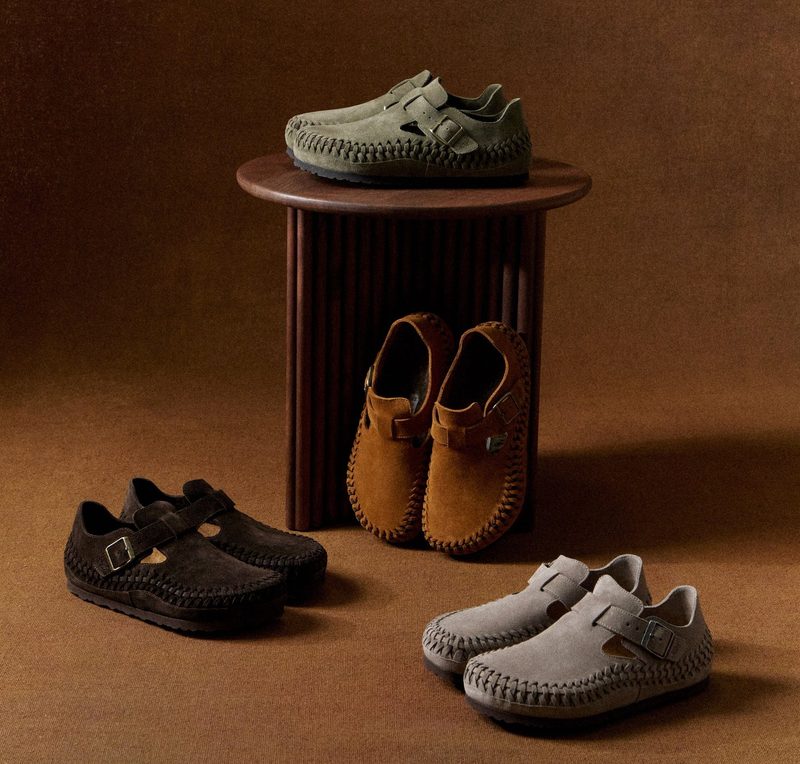 four braided clogs sitting on wood pedestal and brown background