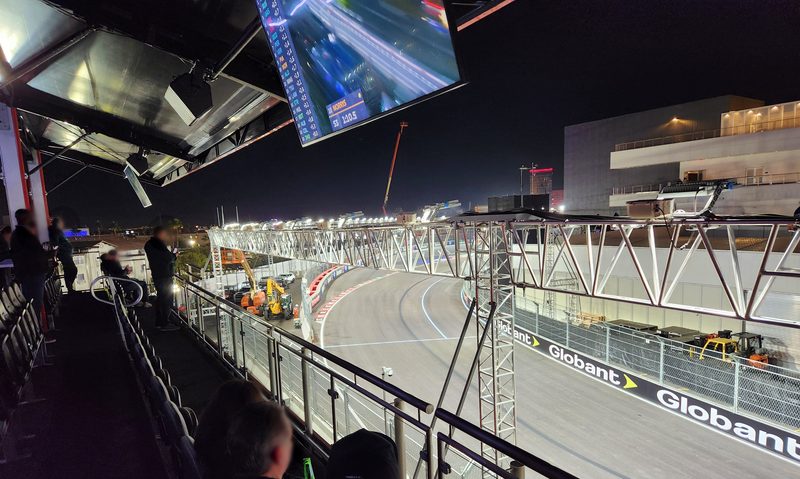 A view of the F1 Las Vegas Grand Prix ract track turn 3 from the rooftop of The Turn 3 Club.