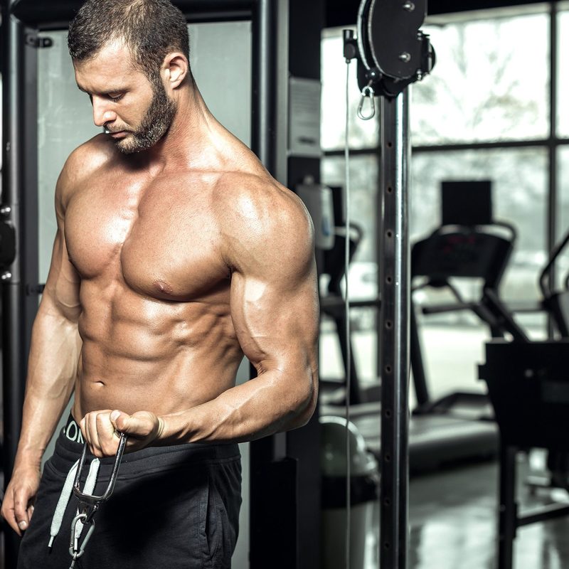shirtless muscle man muscular in gym doing cable bicep curl cable machine