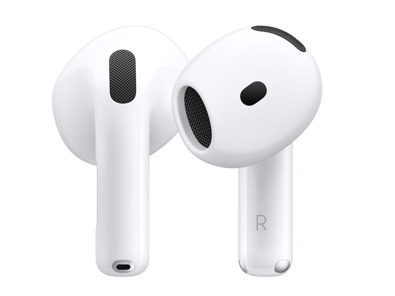 A pair of the Apple AirPods 4 earbuds.