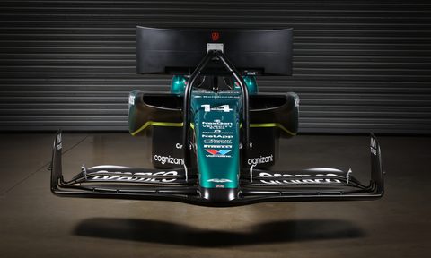 Aston Martin Aramco F1 racing simulator direct front view - it looks like it's floating.