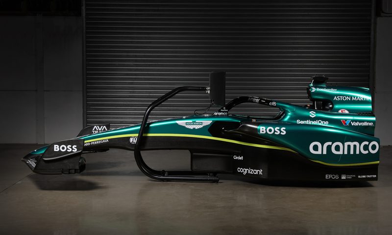 Aston Martin Aramco F1 racing simulator left profile view.