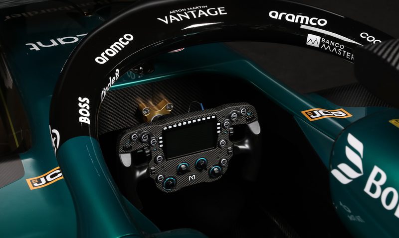 Aston Martin Aramco F1 racing simulator left side view of the cockpit.