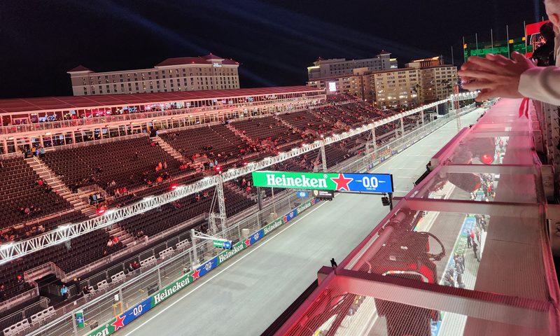 Before the race from the roof of The Paddock club, a premier viewing area above the F1 team pit garages.