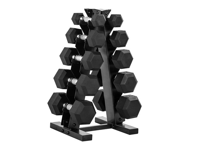 The Cap Barbell dumbbells on their A-frame rack.