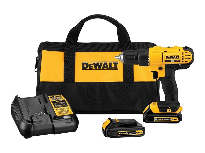 The DeWalt 20V Max Cordless Drill Kit against a white background.