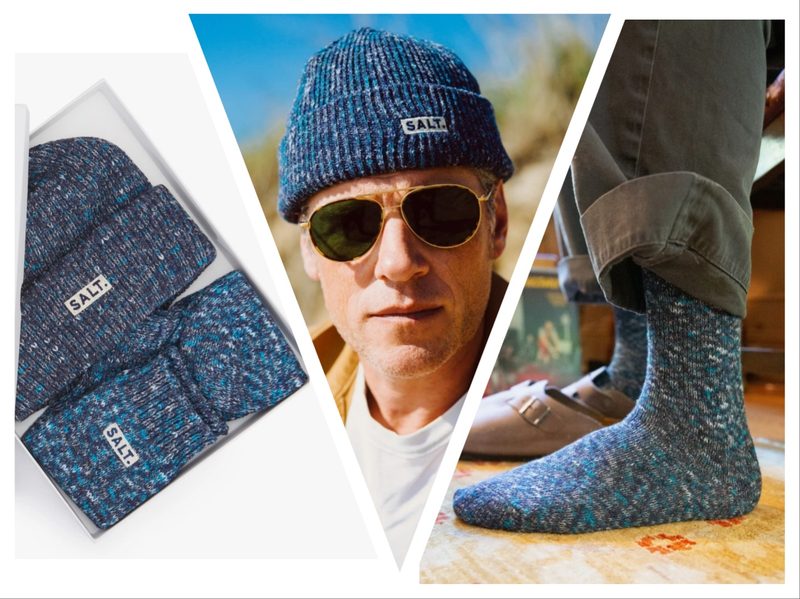 A collage of images from the Druthers NYC Salt. hat and socks pack, showing the pack, a man wearing the hat outdoors, and a man wearing the socks indoors.