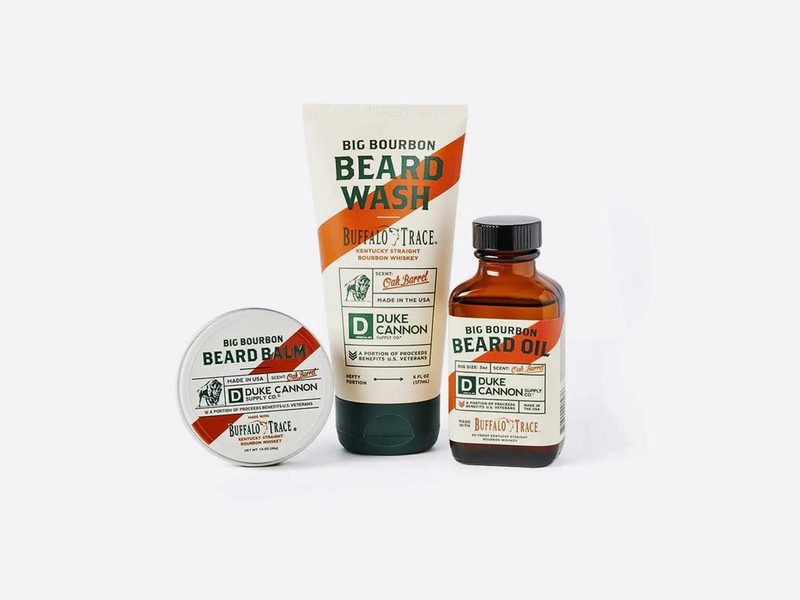 The Duke Cannon Big Bourbon Beard Box includes Duke Cannon beard balm, beard wash, and beard oil — all bourbon "flavored" of course.